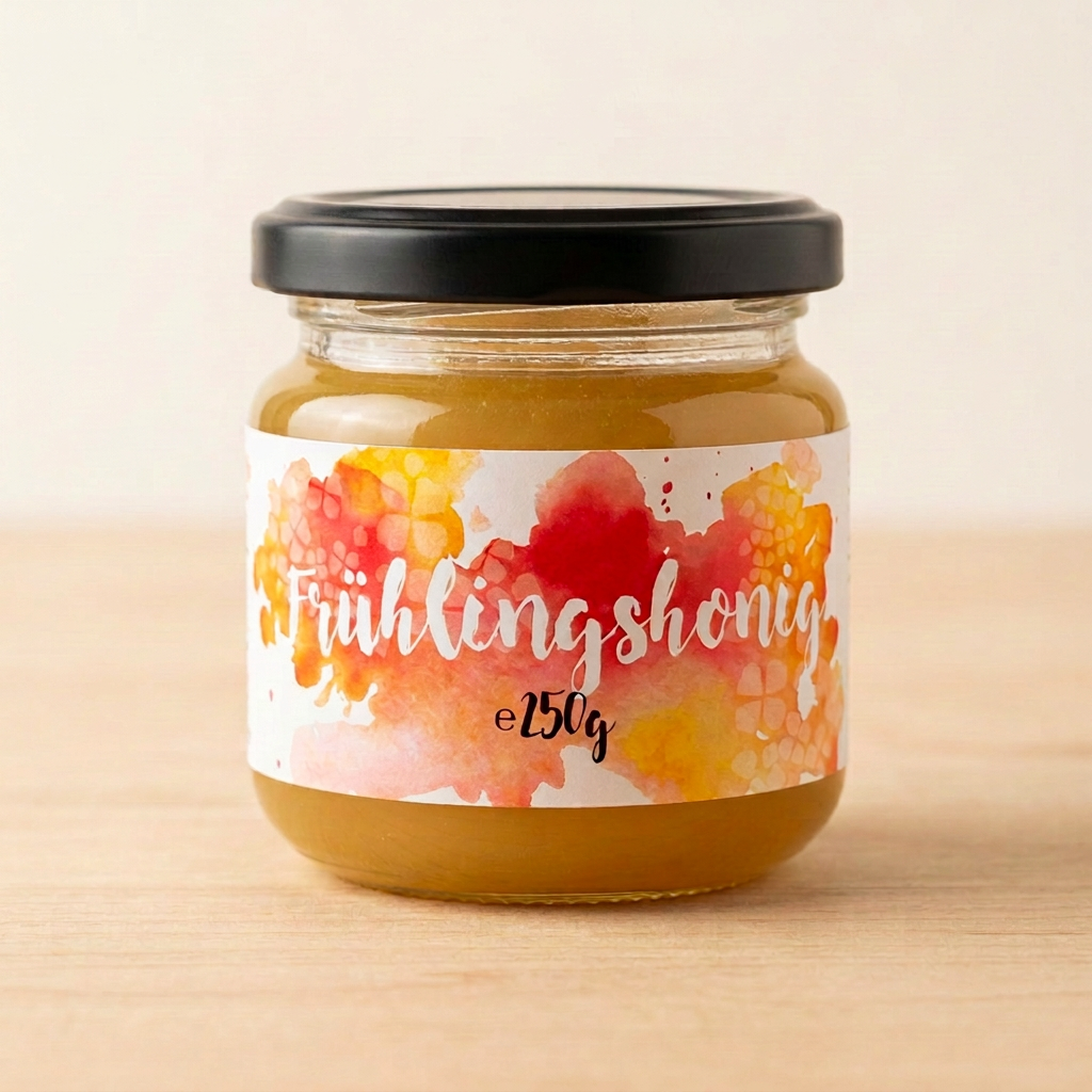 Frühlingshonig im Glas mit Aquarell-Etikette