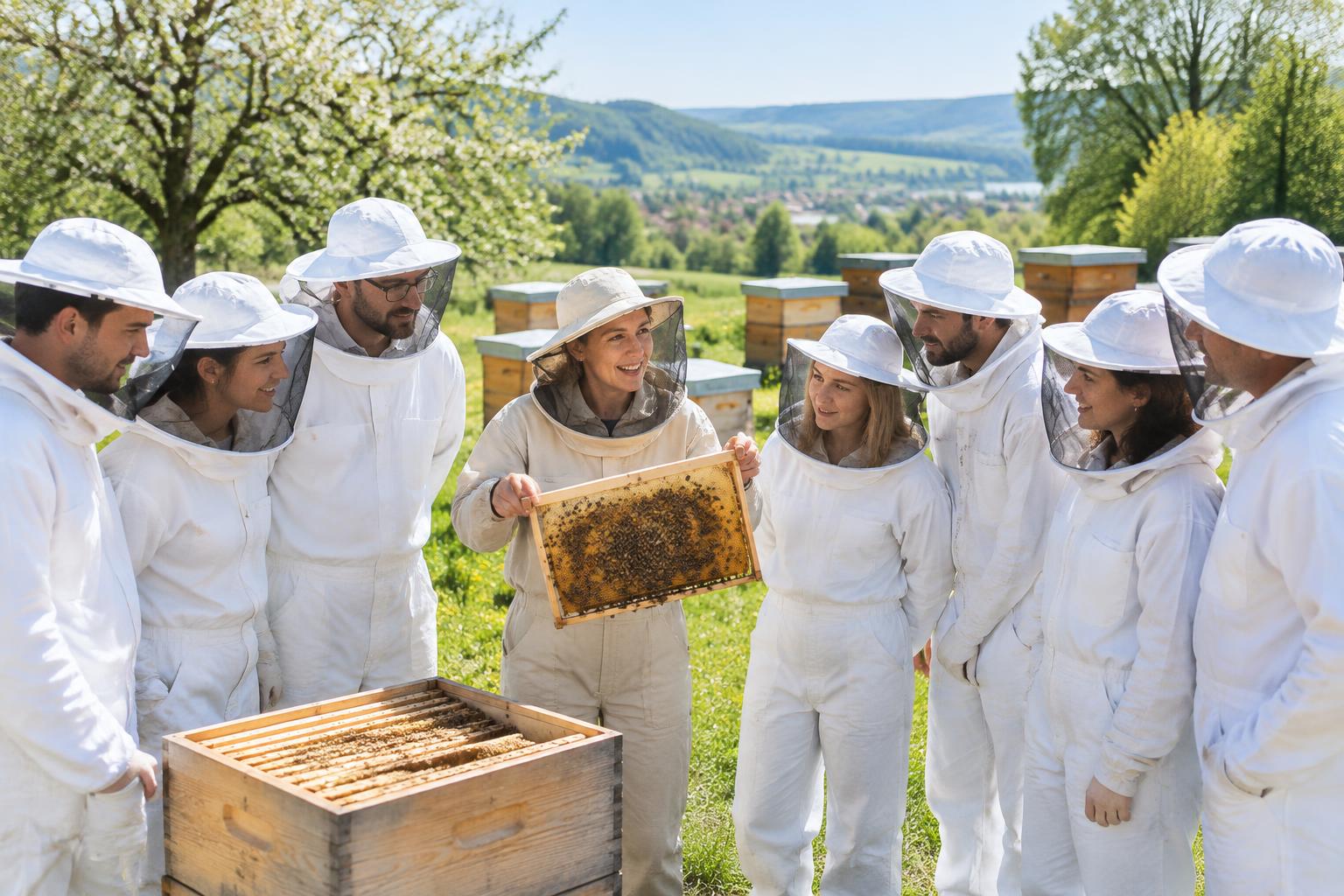 Gruppe im Schutzanzug bei einer Führung am Bienenstand